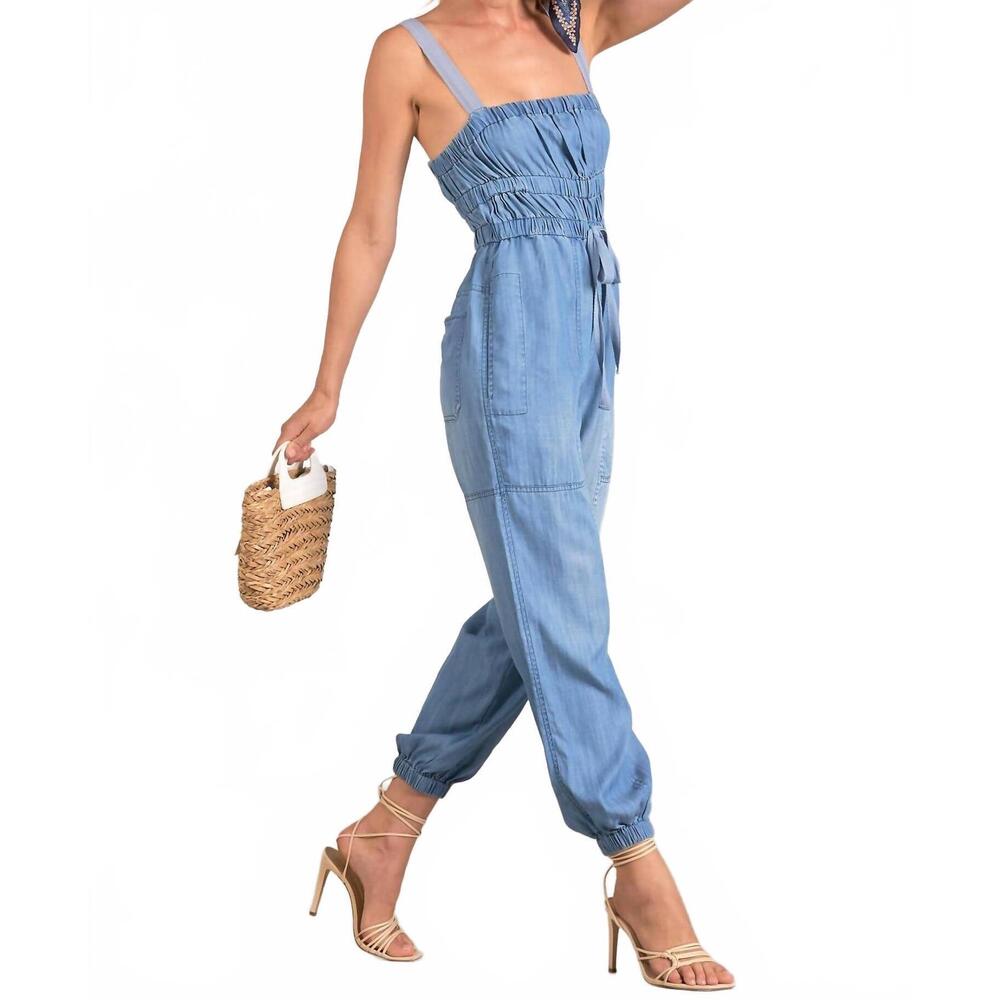 NEW ELAN denim tie waist jumpsuit in blue - Picture 4 of 7